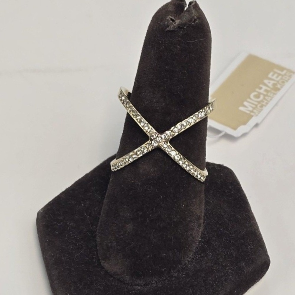 Michael Kors Star X Ring Size 8 Pave Crystal Gold Plated Signed New